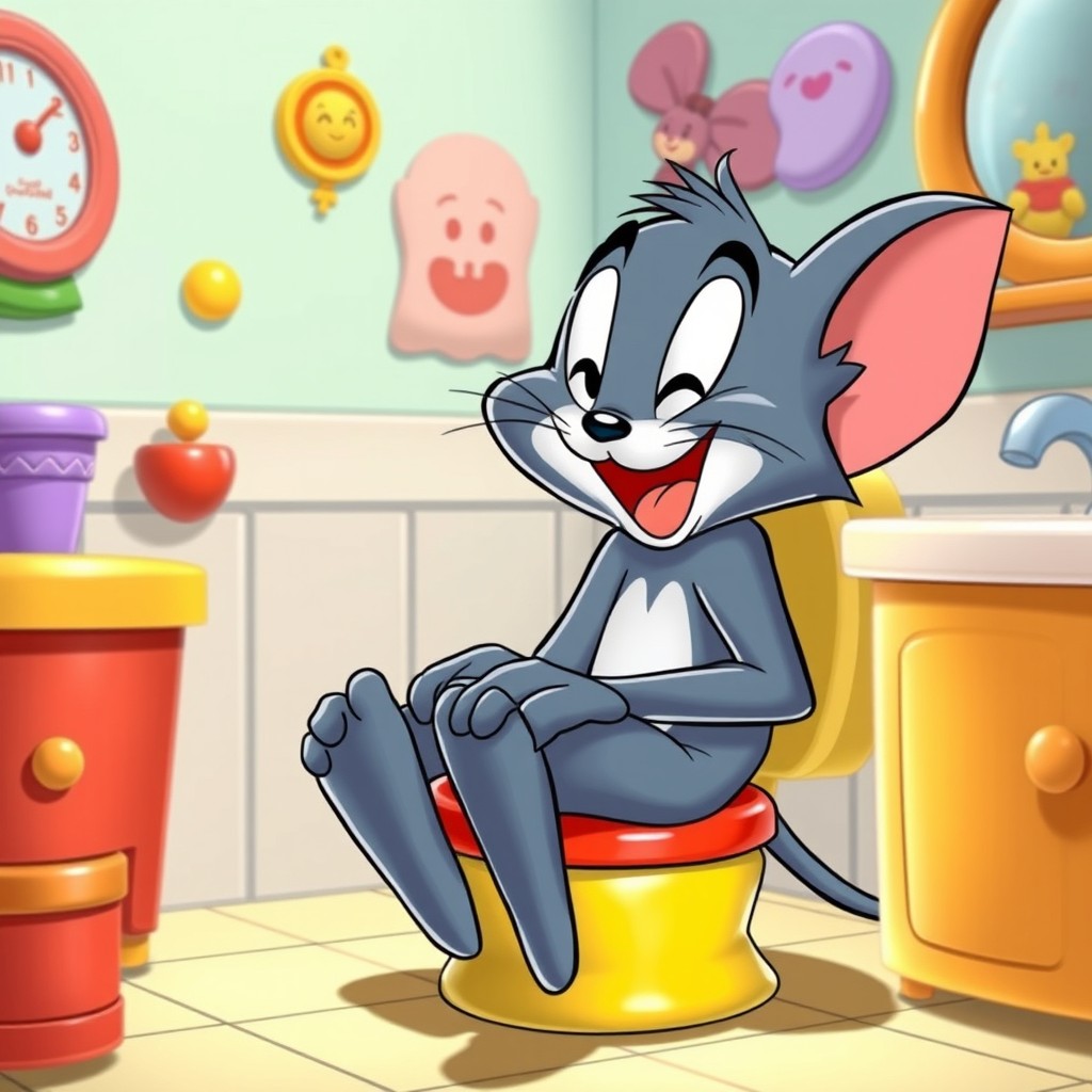 A whimsical scene featuring Jerry Mouse, the charming and clever cartoon character from Tom and Jerry, humorously using a small, colorful toilet in a cartoonish bathroom setting