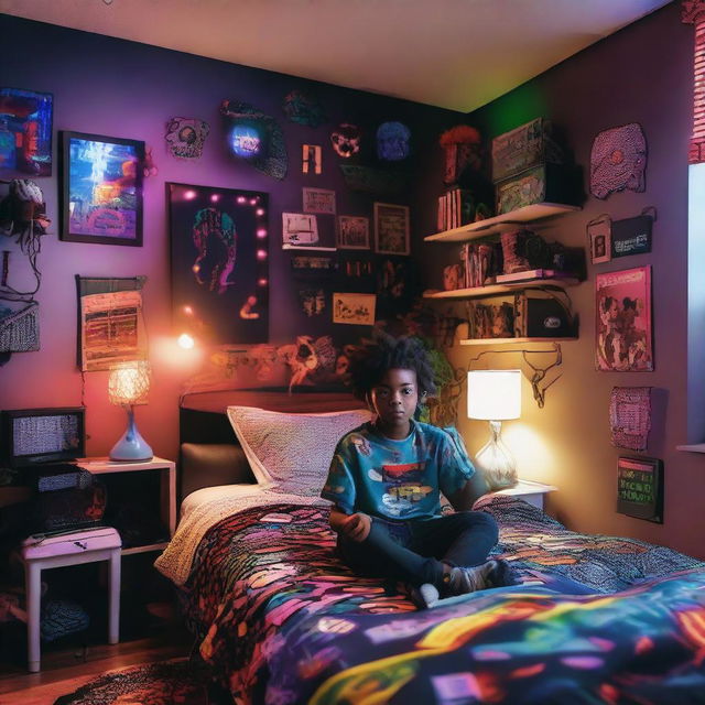 An African American kid in a dynamic gaming-themed bedroom. Features include a gaming setup by the wall, shimmering RGB lighting, and an anime-theme bedspread. The room emits a cool, quirky charm.