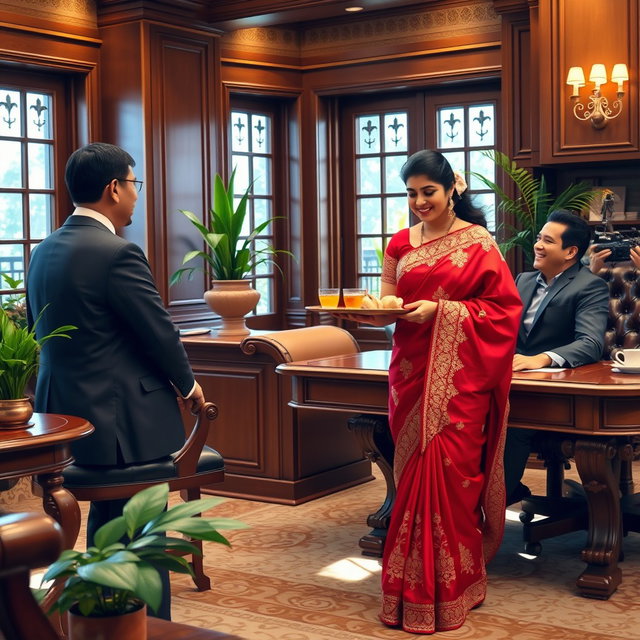 A scene depicting a maid wearing an elegant red saree, styled beautifully with intricate embroidery, interacting with her boss in a luxurious office setting