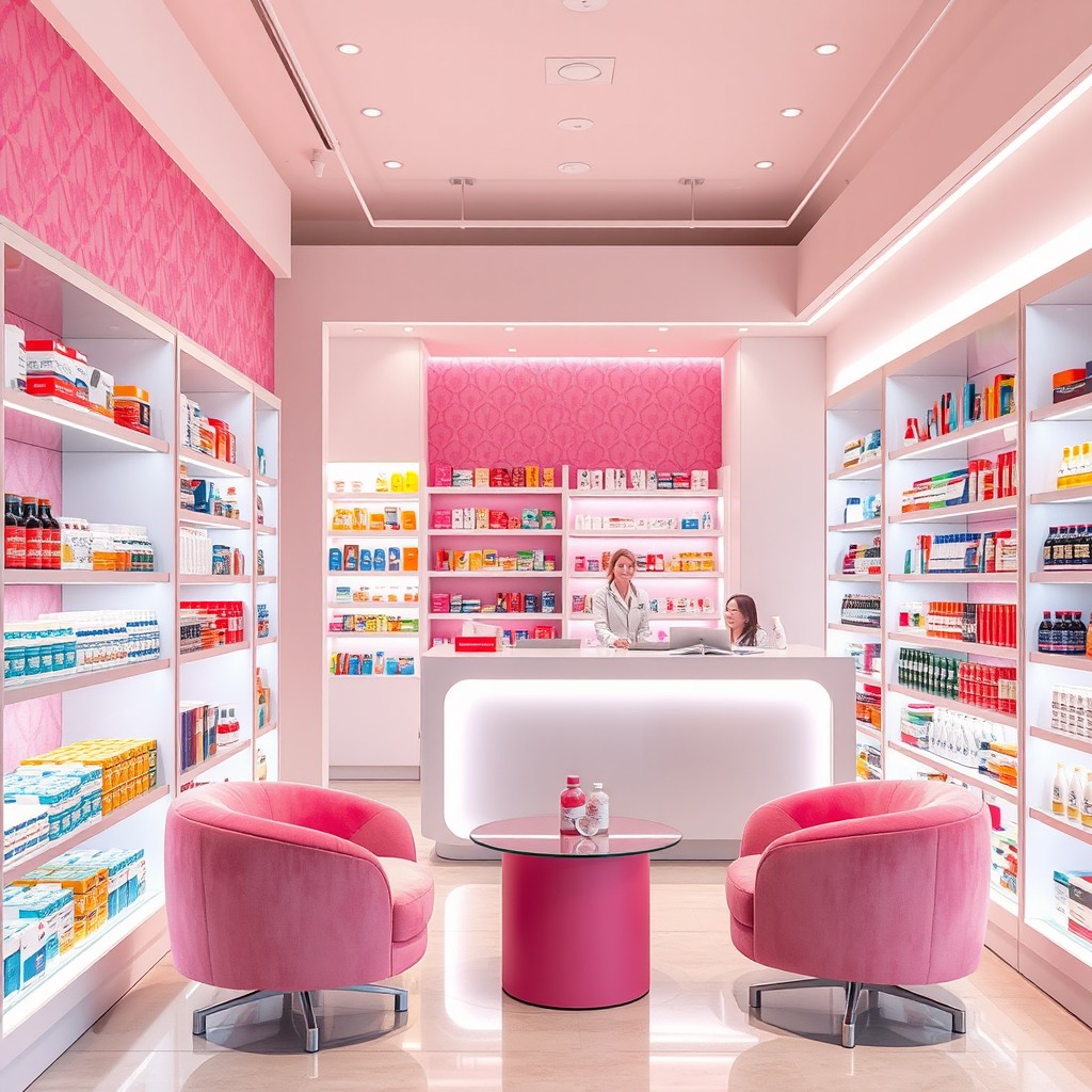A stylish and modern pharmacy interior designed in chic pink hues
