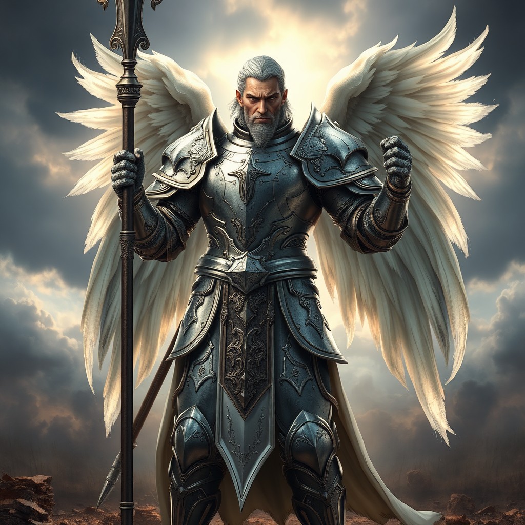 An Aasimar paladin of vengeance in full plate armor, standing confidently with a glaive in hand
