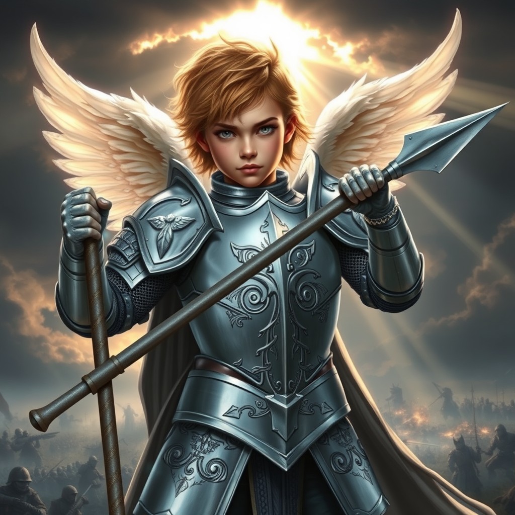 A young Aasimar paladin of vengeance in full plate armor, poised heroically with a glaive in hand