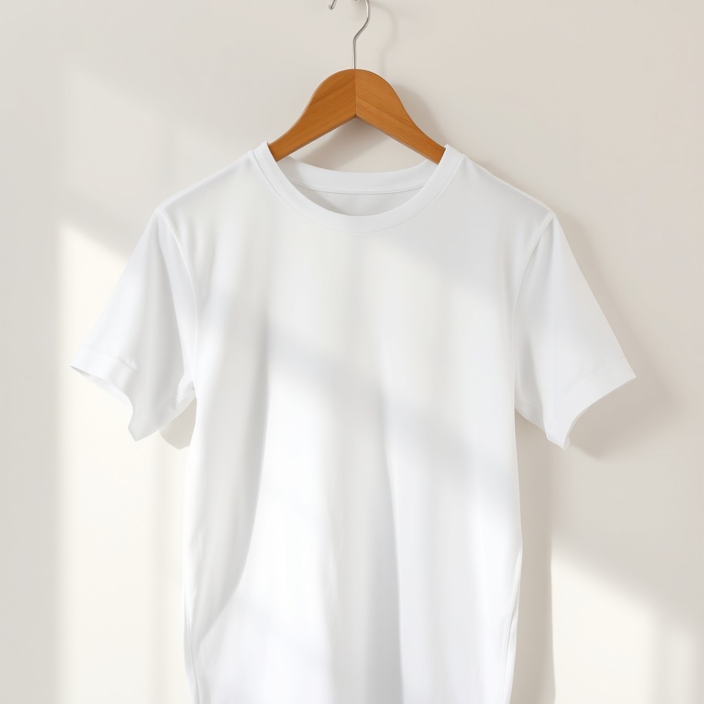 A simple and clean look featuring a plain white T-shirt, neatly hanging on a wooden hanger against a softly lit background