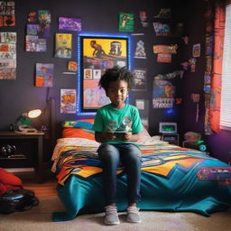 An African American kid in a dynamic gaming-themed bedroom. Features include a gaming setup by the wall, shimmering RGB lighting, and an anime-theme bedspread. The room emits a cool, quirky charm.