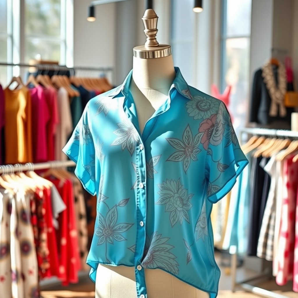 A stylish and fashionable shirt displayed on a mannequin in a bright, modern clothing store