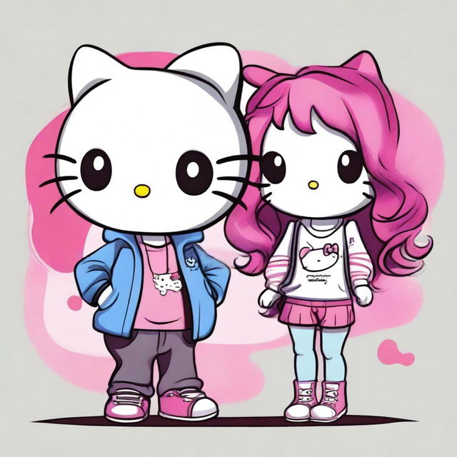 An adorable digital art image featuring a Hello Kitty couple