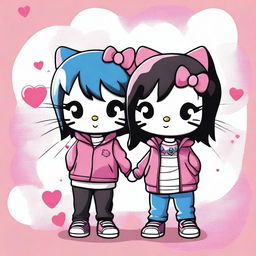 An adorable digital art image featuring a Hello Kitty couple