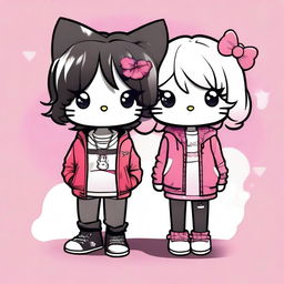 An adorable digital art image featuring a Hello Kitty couple