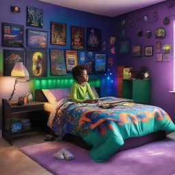 An African American kid in a dynamic gaming-themed bedroom. Features include a gaming setup by the wall, shimmering RGB lighting, and an anime-theme bedspread. The room emits a cool, quirky charm.