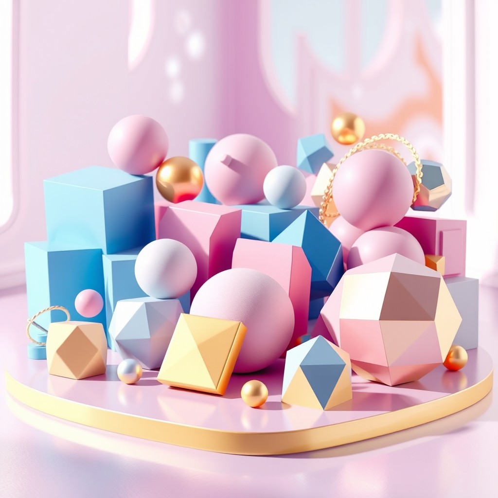 A detailed and colorful 3D geometric art scene featuring a collection of various geometric shapes like cubes, spheres, pyramids, and dodecahedrons arranged in an abstract composition