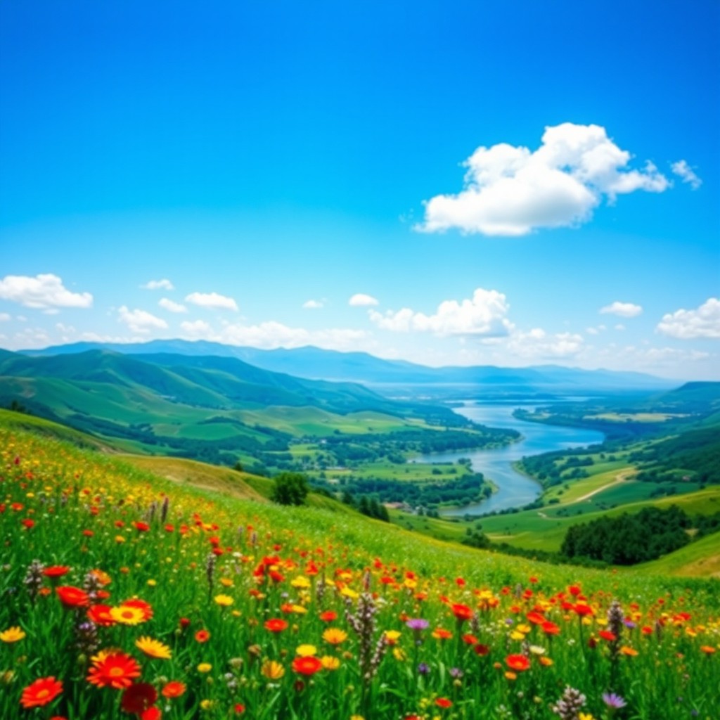 A digitally enhanced photo featuring a vibrant natural landscape with rolling hills under a clear blue sky