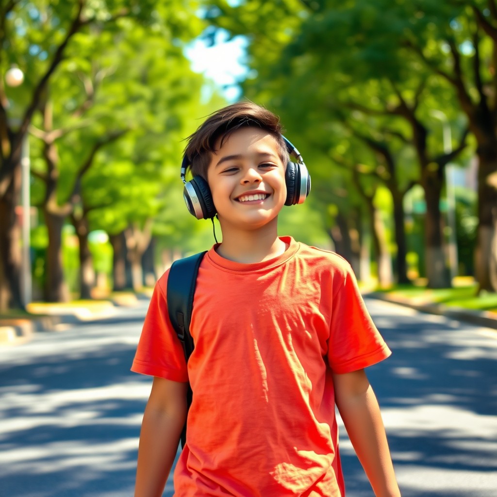 A young boy casually walking down a sunlit street, wearing headphones and lost in his music