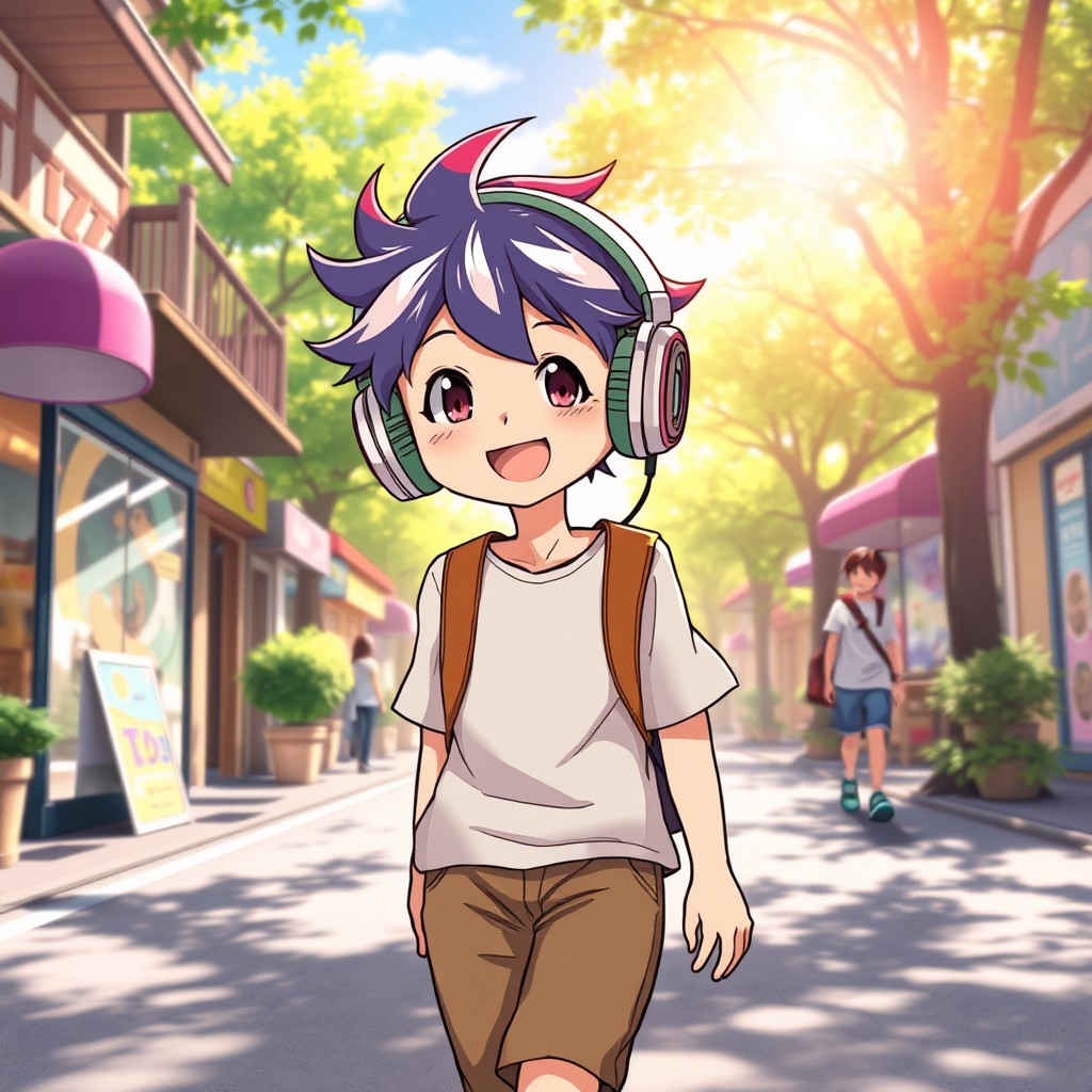 A vibrant anime-style boy strolling down a lively street, wearing oversized headphones and enjoying his music