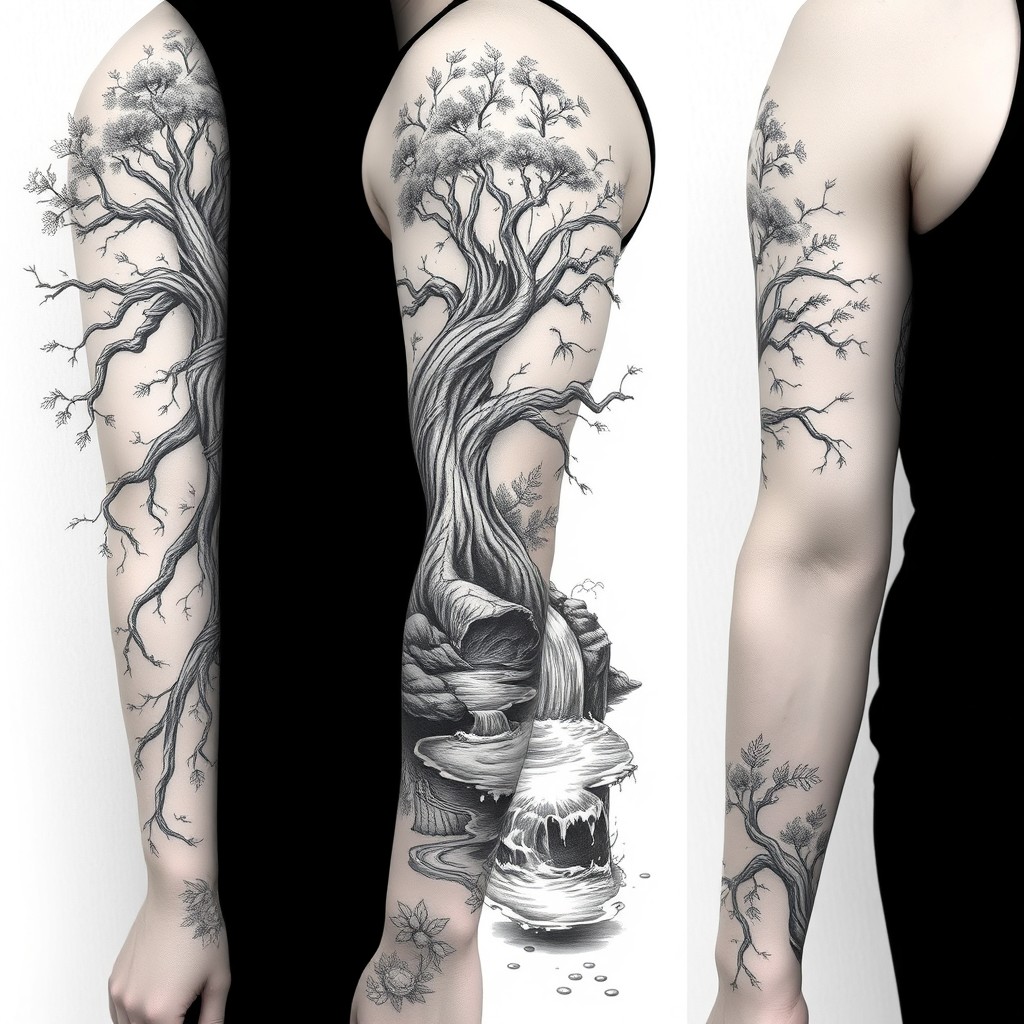 An intricate full arm sleeve tattoo design featuring an impressive banyan tree on the upper arm and bicep