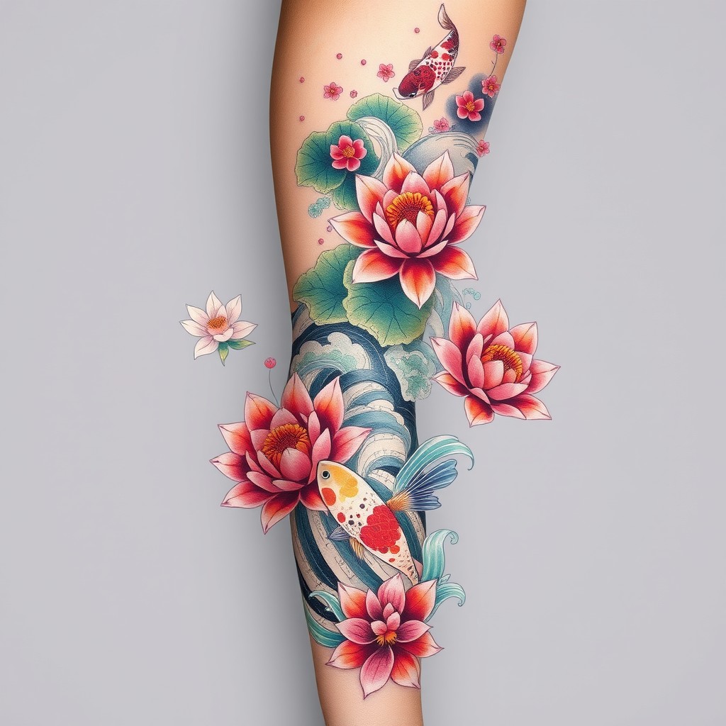 An intricate full arm sleeve tattoo design in traditional Japanese style featuring beautifully detailed river water lilies