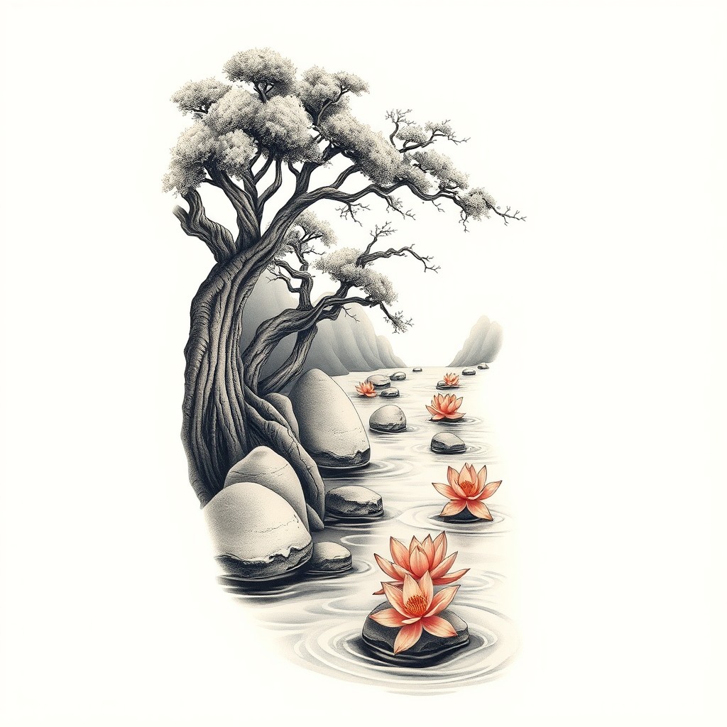 An intricate full arm sleeve tattoo design in Japanese style, featuring a beautifully detailed tree-lined river flowing down the length of the arm