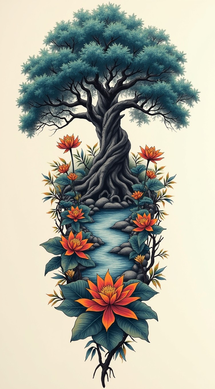 An intricate full sleeve tattoo design in Japanese style featuring tribal elements