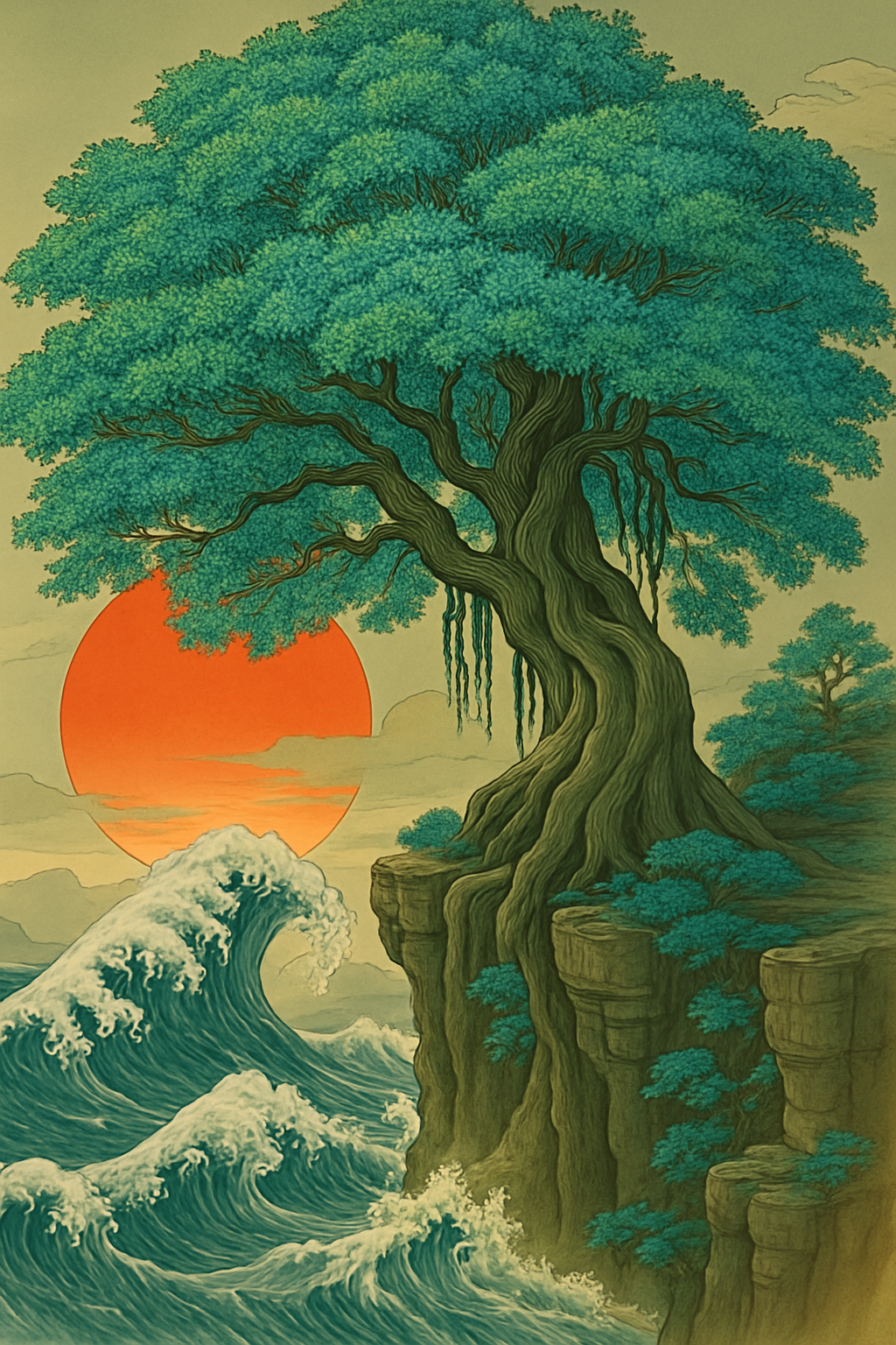 Use this same image, but make the canopy and leaves of the tree mored detailed and use blues and greens for the colors of the leaves.