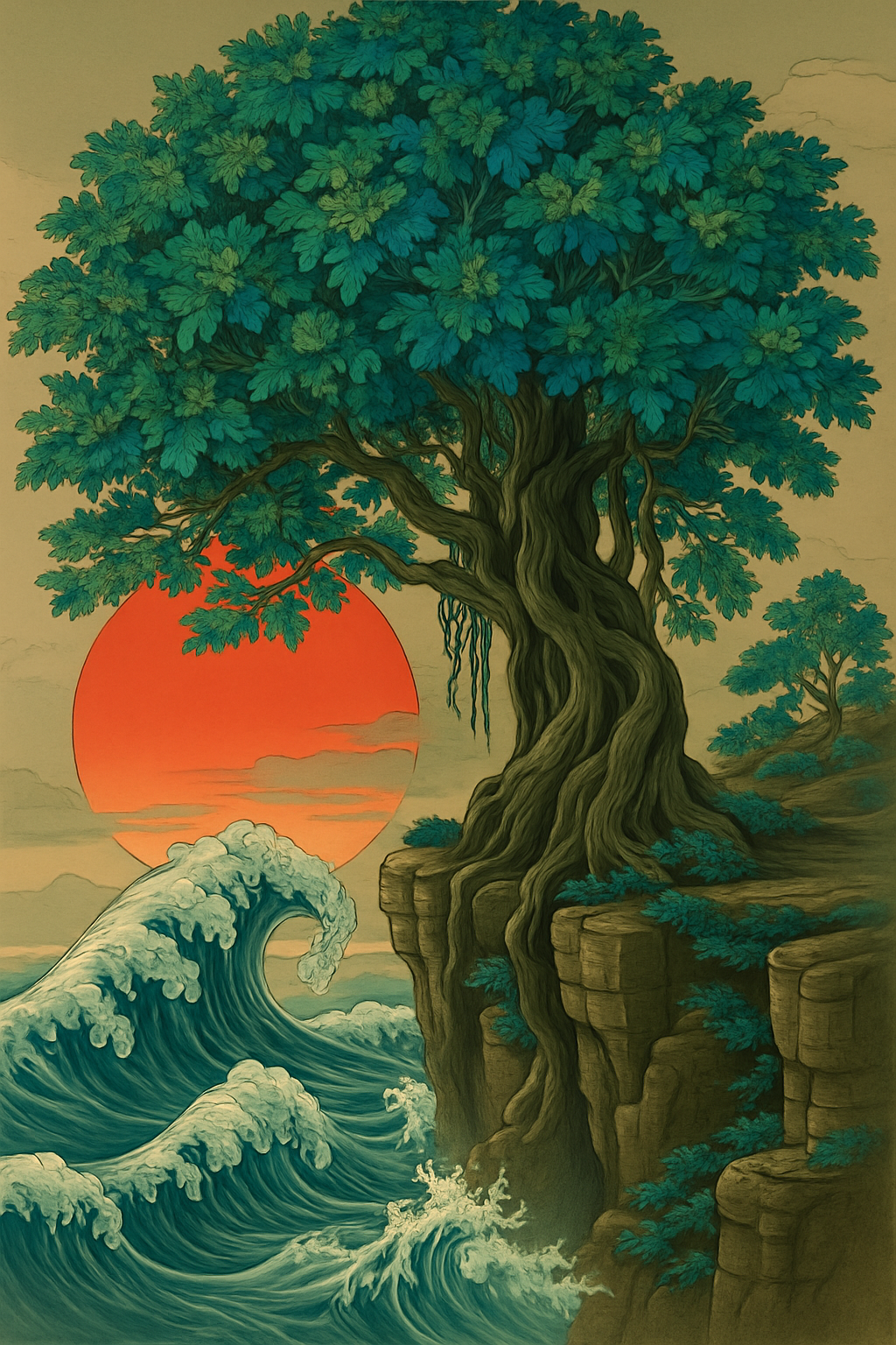 Use this same image, but make the canopy and leaves of the tree mored detailed and use blues and greens for the colors of the leaves. Use the second image as inspiration for what I mean by more detailed leaves.