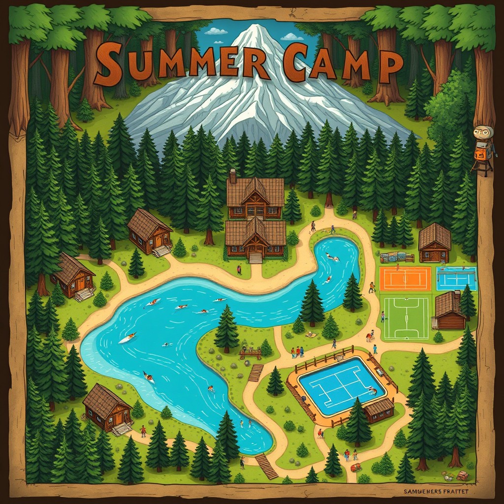 A vibrant and imaginative summer camp map for Dungeons & Dragons, depicting a fun and adventurous setting