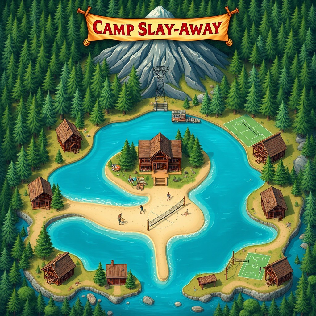 A captivating and detailed summer camp map for Dungeons & Dragons, named 'Camp Slay-Away'