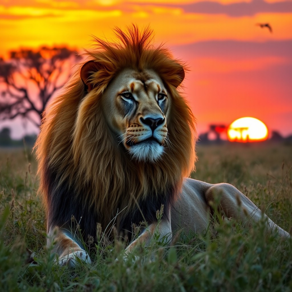 A majestic lion resting in the savannah at sunset, showcasing its vibrant golden mane surrounded by tall grasses