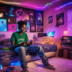 African American teenager lounging in a unique gaming-themed bedroom, complete with a gaming station beside the wall, radiant RGB lights, and an anime-themed bedspread, encapsulating a trendy and electrifying vibe.