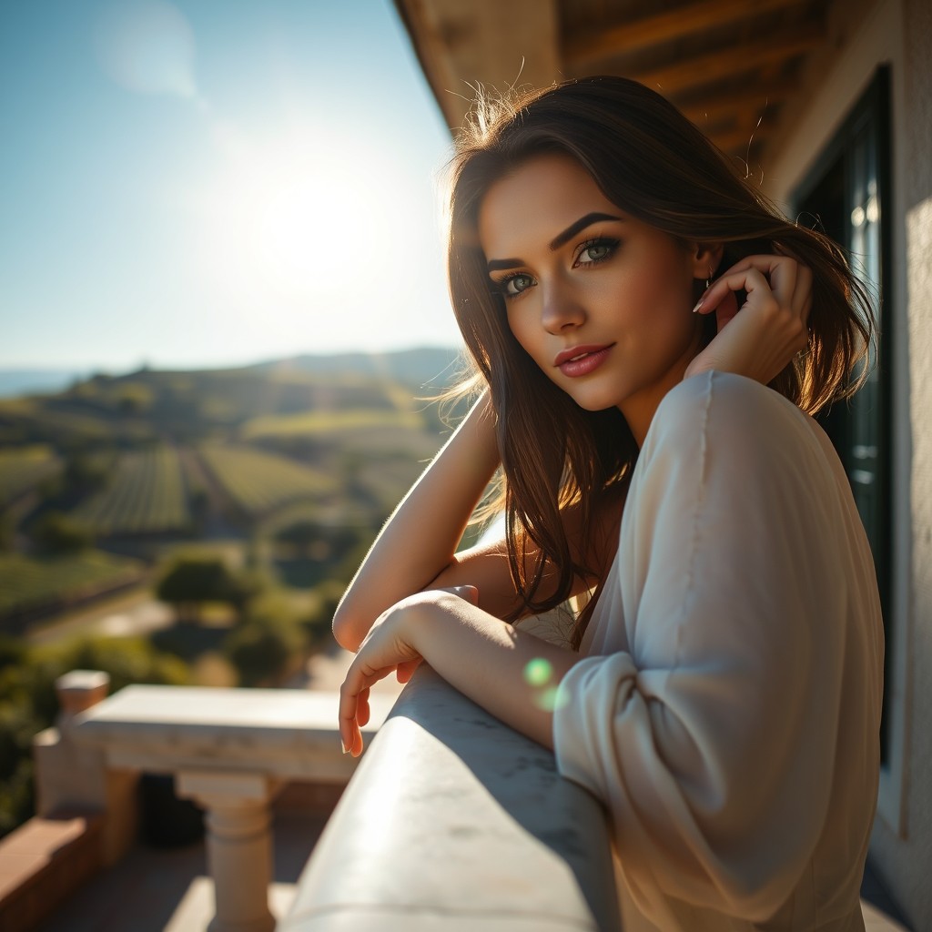 A high-resolution cinematic portrait of a stunningly beautiful woman posing elegantly on a sun-drenched balcony in Tuscany