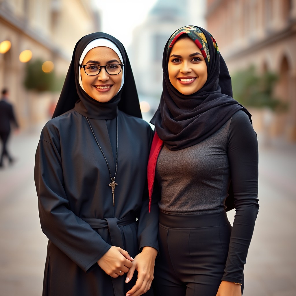 A full-length portrait of two women in their 30s, featuring a nun and a hijabi woman