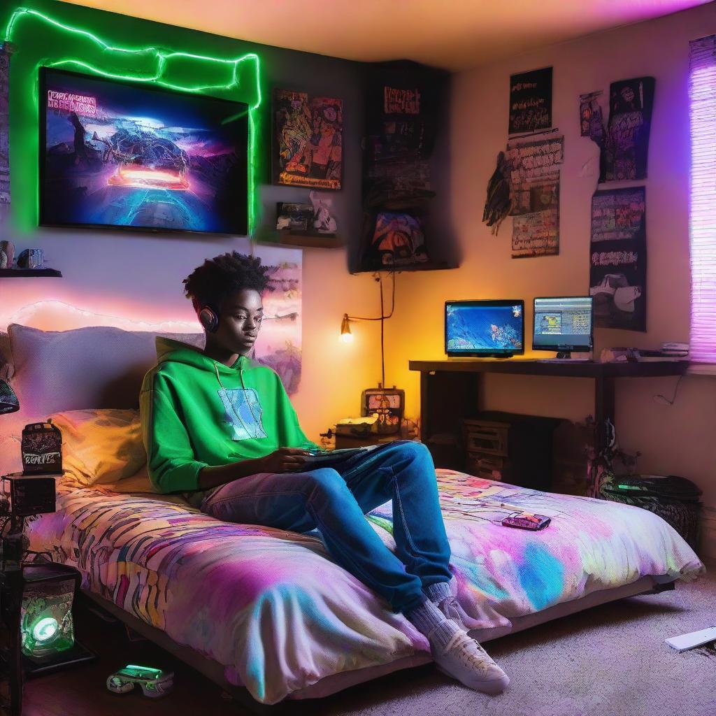 African American teenager lounging in a unique gaming-themed bedroom, complete with a gaming station beside the wall, radiant RGB lights, and an anime-themed bedspread, encapsulating a trendy and electrifying vibe.