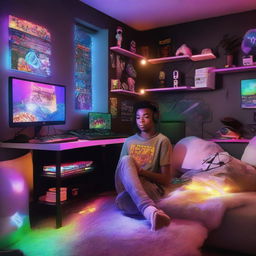 African American teenager lounging in a unique gaming-themed bedroom, complete with a gaming station beside the wall, radiant RGB lights, and an anime-themed bedspread, encapsulating a trendy and electrifying vibe.