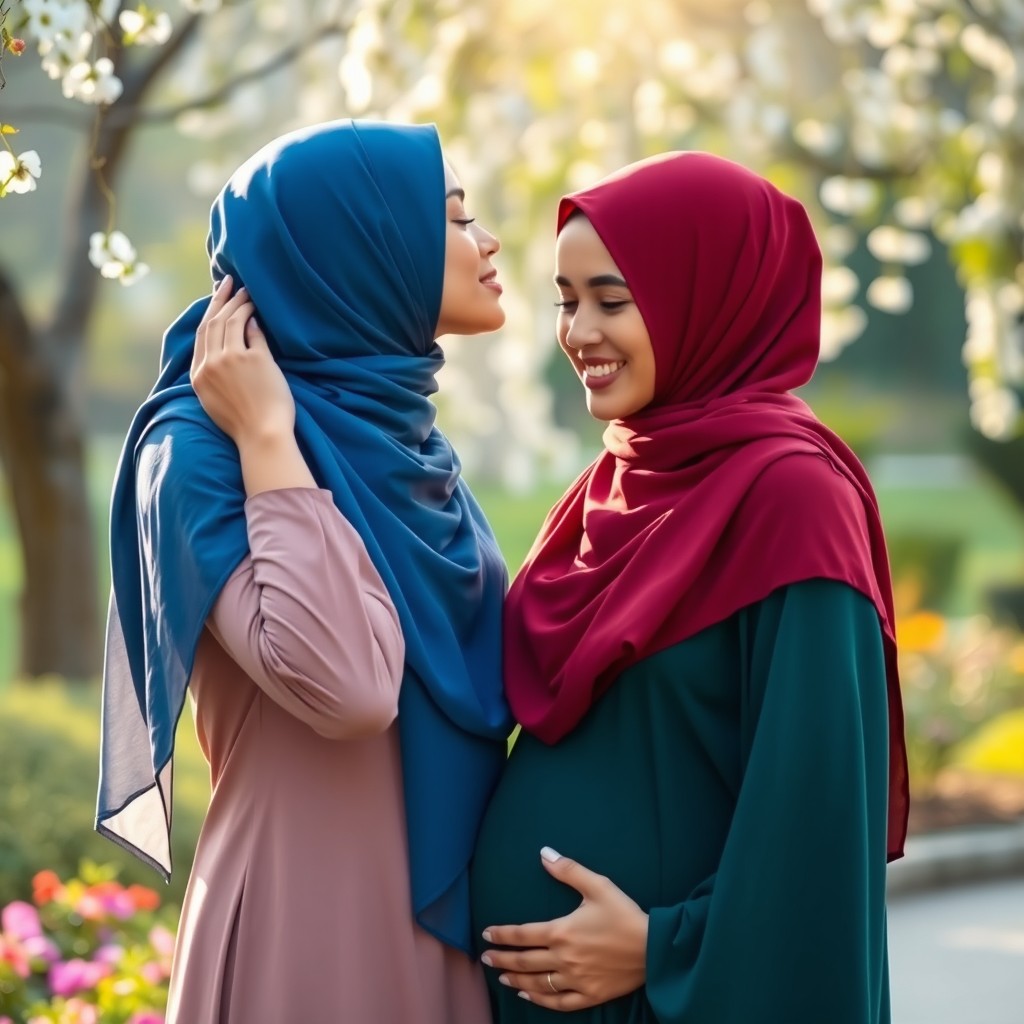 A beautiful scene of two hijab-wearing women in a serene park setting