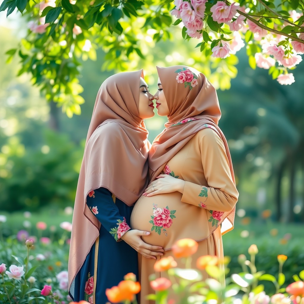 A tender scene of two hijab-wearing women in a colorful park, sharing an intimate moment