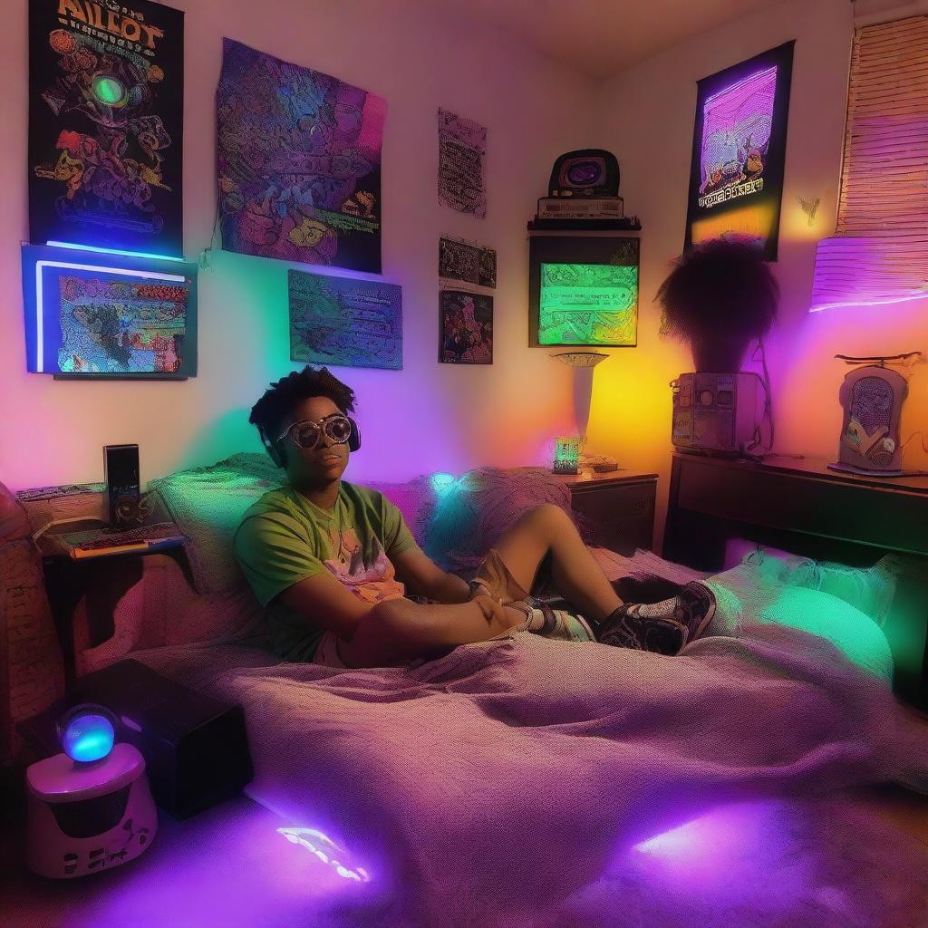 African American teenager lounging in a unique gaming-themed bedroom, complete with a gaming station beside the wall, radiant RGB lights, and an anime-themed bedspread, encapsulating a trendy and electrifying vibe.