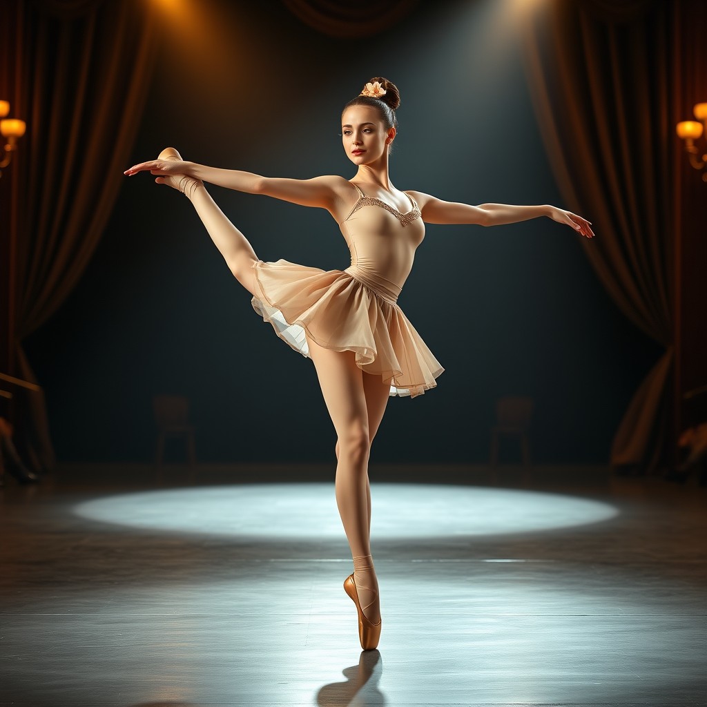 A graceful ballerina in a capuchin-style ballet outfit, performing an elegant pose on stage