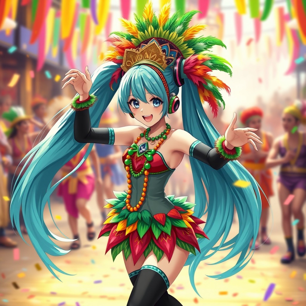 A vibrant digital artwork of a Brazilian version of Hatsune Miku, featuring her iconic turquoise hair styled in two long pigtails, wearing a colorful carnival outfit adorned with feathers and beads, and a samba-inspired headdress