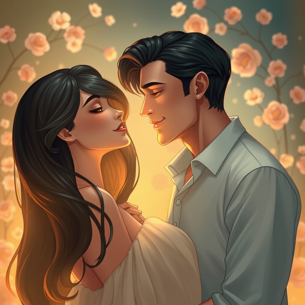 A scene depicting a handsome man with a charming expression, inhaling the fragrance of a beautiful woman with long black hair