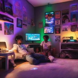 A trendy teenager's bedroom with a gaming setup by the wall illuminated by RGB lights, an anime-themed bed, and a cool African American teen in the center.