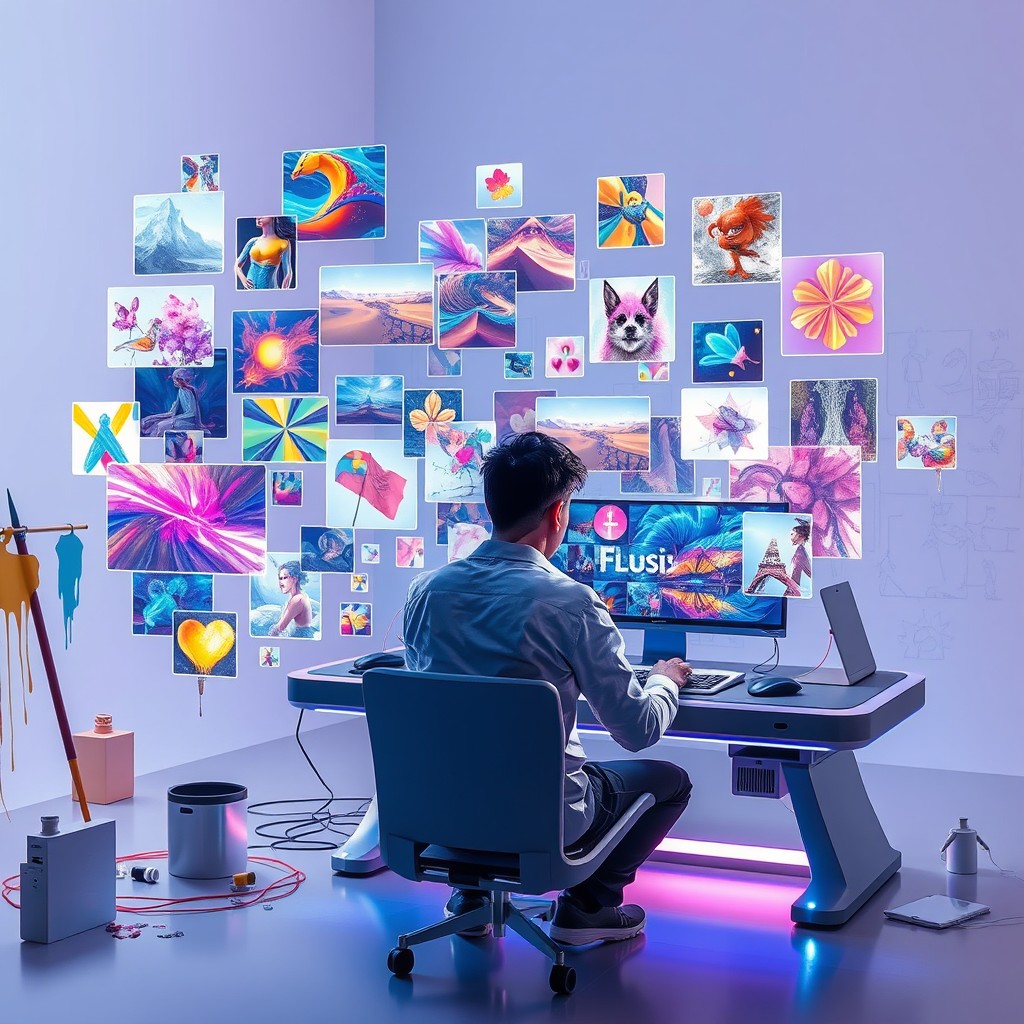 The concept of image generation with advanced technology, showcasing a multitude of colorful and vibrant images being created in real-time on a digital canvas