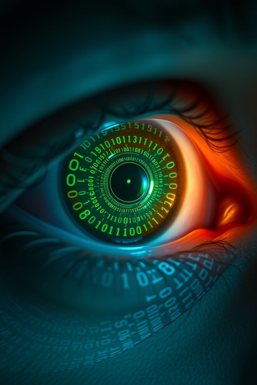A hyper-realistic close-up of a human eye, showcasing intricate details of the iris, which transforms into a swirling digital vortex filled with binary code