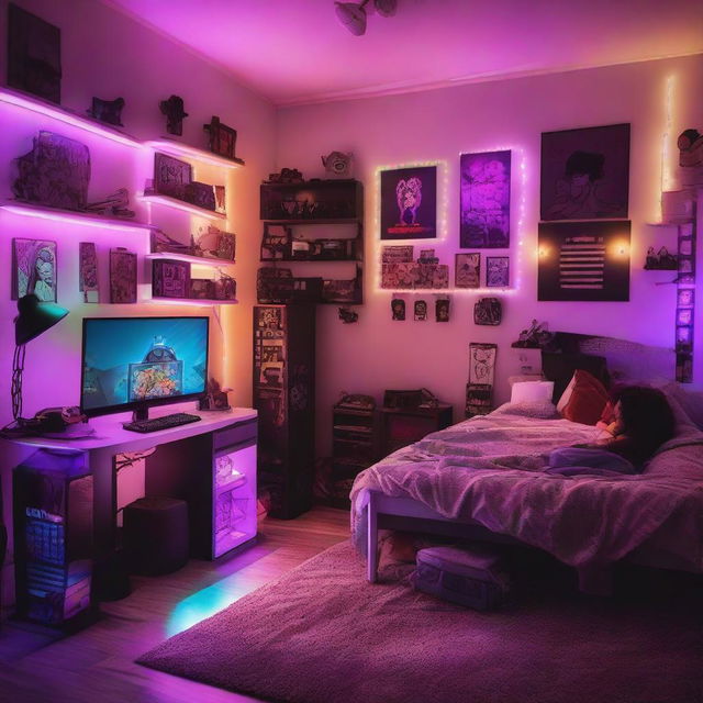 A trendy teenager's bedroom with a gaming setup by the wall illuminated by RGB lights, an anime-themed bed, and a cool African American teen in the center.