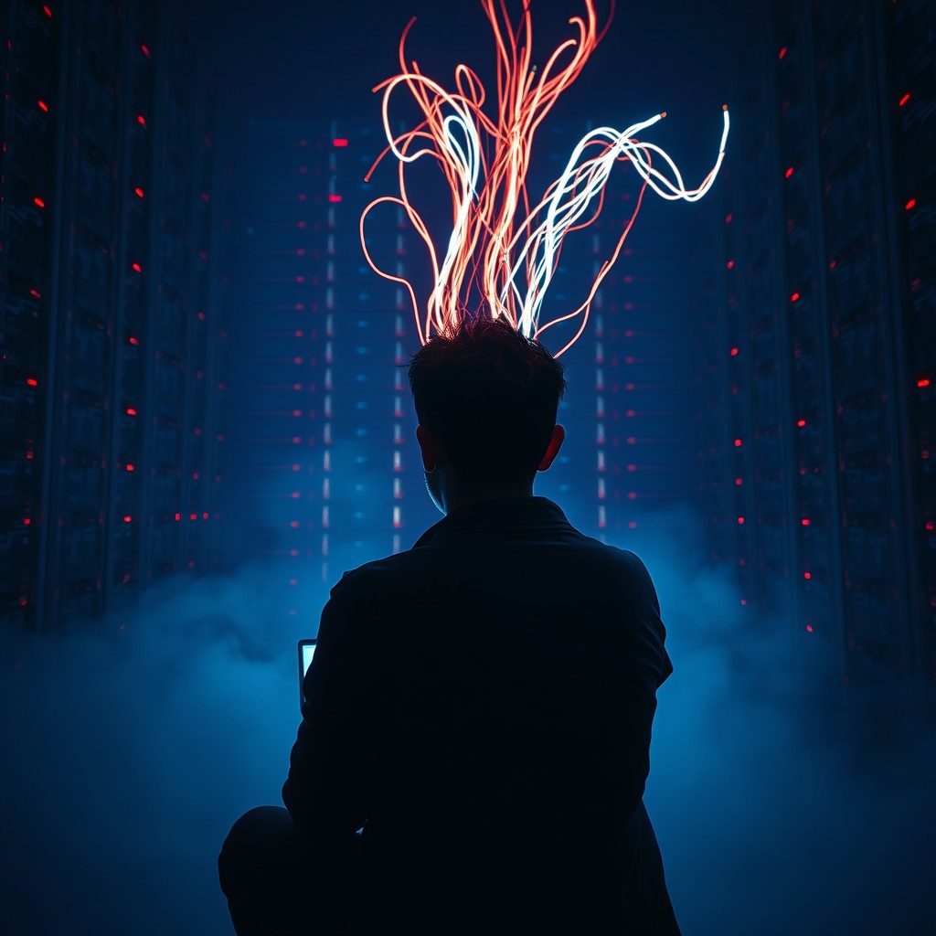 A cinematic wide shot of a person sitting in a dark, foggy room, surrounded by an atmosphere of mystery