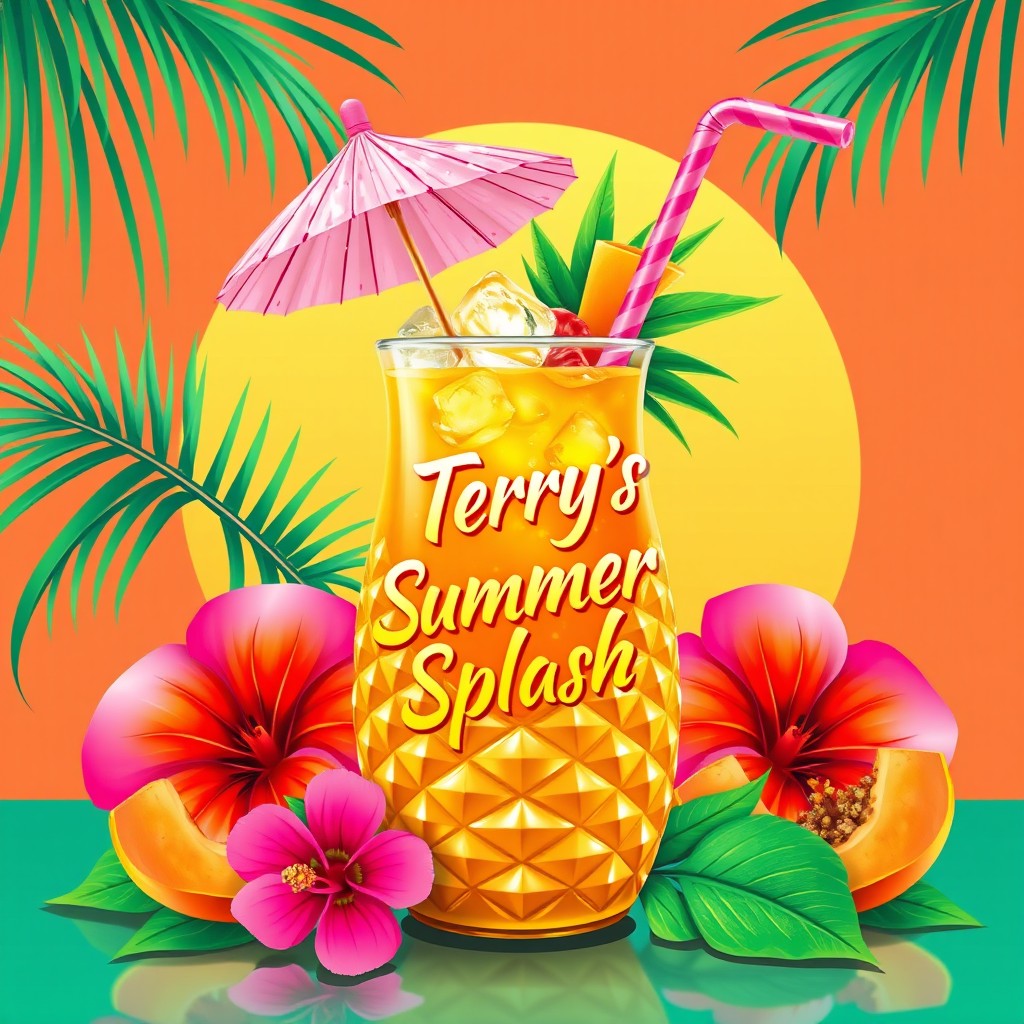 A tropical cocktail served in a stunning golden pineapple-shaped glass, complete with a pink striped straw and a charming pastel umbrella