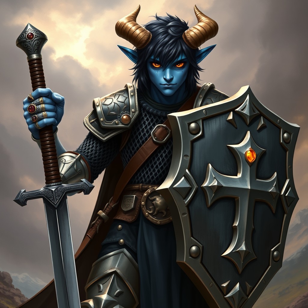 A powerful tiefling paladin standing tall in a heroic pose