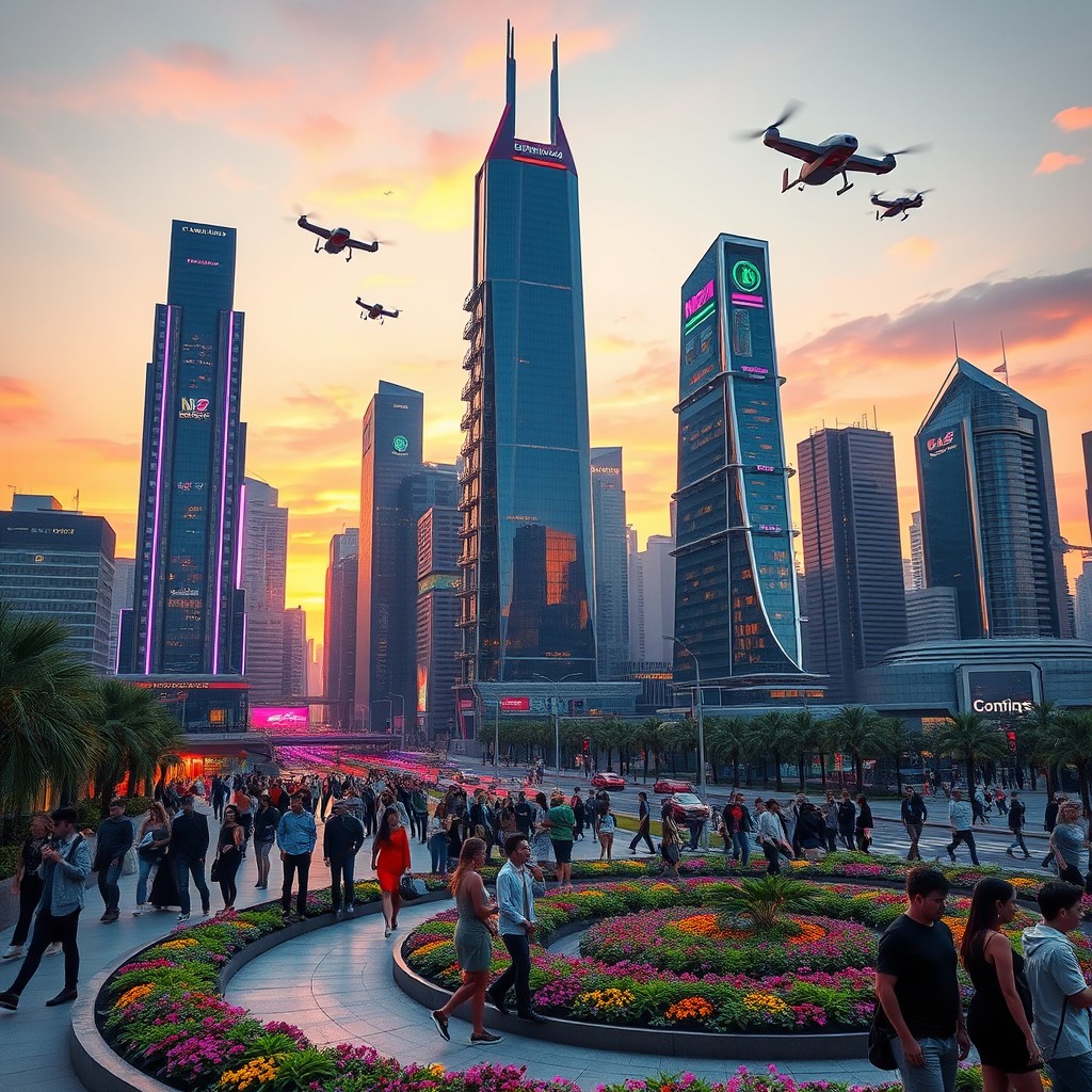 A futuristic city skyline at sunset, with vibrant neon lights illuminating the streets below