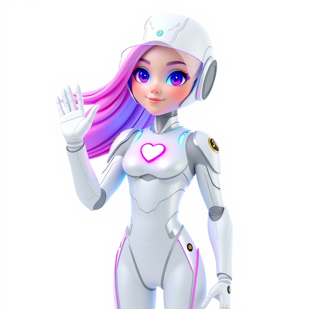 A full-body 3D character render of a female AI mascot named Nova, depicted in a standing pose, gently waving her right hand at the camera