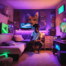 A trendy teenager's bedroom with a gaming setup by the wall illuminated by RGB lights, an anime-themed bed, and a cool African American teen in the center.