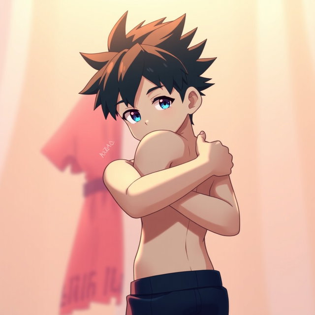 An anime boy with spiky black hair and bright blue eyes, standing in a relaxed pose, hugging an invisible person from behind