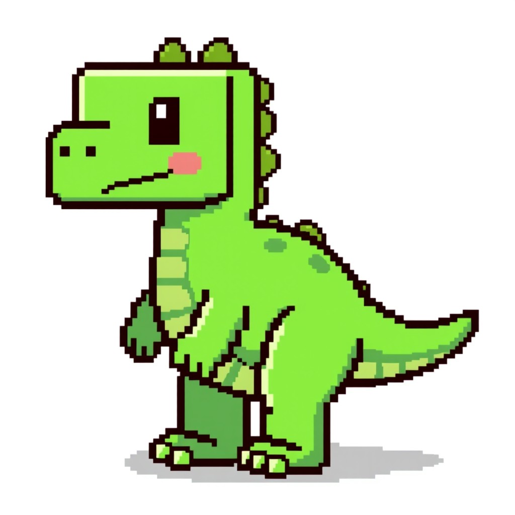 A small green dinosaur character depicted in pixel art style, showcasing a 16-bit aesthetic