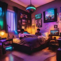 A trendy teenager's bedroom with a gaming setup by the wall illuminated by RGB lights, an anime-themed bed, and a cool African American teen in the center.